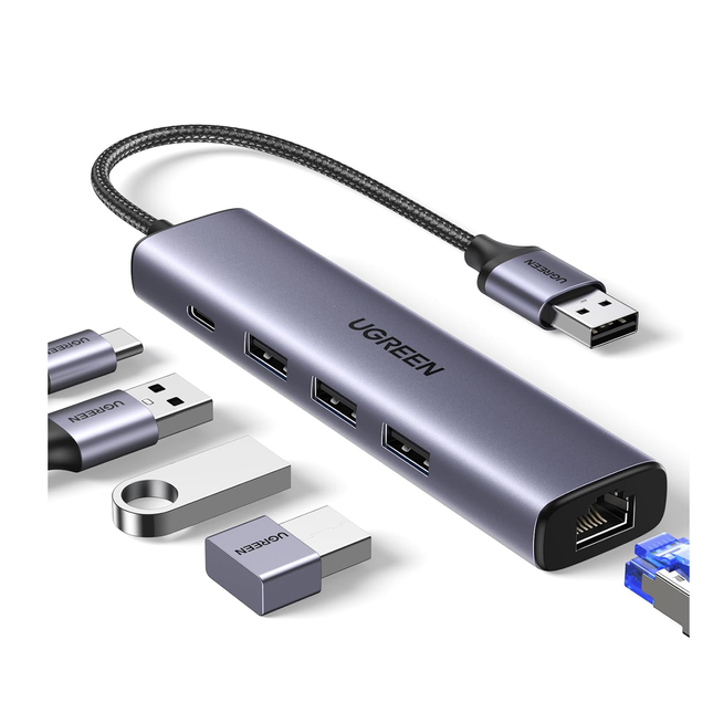 محول إيثرنت USB3.0 إلى 3 منافذ USB3.0 +RJ45 (1G) من يوجرين مع مزود طاقة من النوع تايب سي /60554