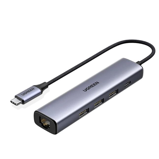 محول من USB-C إلى 3xUSB 3.0-5Gpbs+RJ45-(1000M) مع منفذ طاقة بي دي 100 واط  / 20932