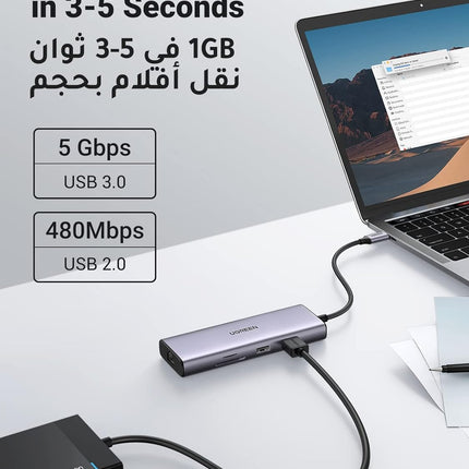 UGREEN USB-C to 2×USB 3.0+1×USB 2.0+2×HDMI+RJ45(1000M)+SD+TF+PD 4K60Hz / 90119