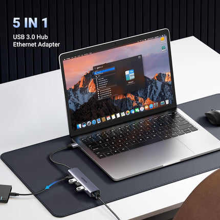 محول إيثرنت USB3.0 إلى 3 منافذ USB3.0 +RJ45 (1G) من يوجرين مع مزود طاقة من النوع تايب سي /60554