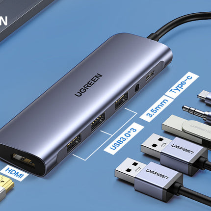 محول متعدد الوظائف من USB-C الى 3xUSB-A-3.0 + HDMI + AUX3.5mm + PD 80132