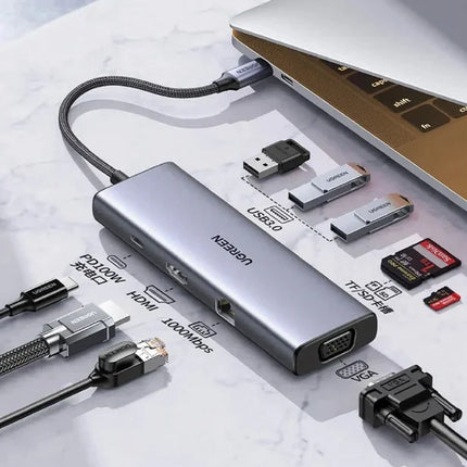 15600 / UGREEN USB-C إلى 3*USB 3.0 A + HDMI 4K@30Hz + VGA + RJ45 + SD/TF + PD محول متعدد الوظائف