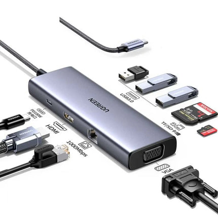 15600 / UGREEN USB-C إلى 3*USB 3.0 A + HDMI 4K@30Hz + VGA + RJ45 + SD/TF + PD محول متعدد الوظائف