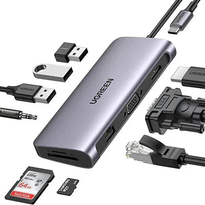 UGREEN USB-C to 3*USB 3.0 A+HDMI 4K@30Hz;2K@60HZ;1080P@120Hz + VGA +RJ45  +SD/TF + 3.5mm Audio + PD Multifunction Adapter (Space Gray)