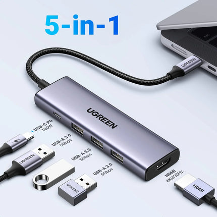 محول من  USB-C إلى "اتش دي ام اي" + 3 منافذ USB-3.0 حتى 5 جيجابت في الثانية + مدخل طاقة "بي دي" متعدد الوظائف من يوجرين / 15596