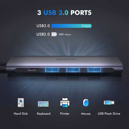 يوجرين محول من USB-C إلى HDMI+3xUSB-A-3.0/5Gpbs+محول طاقة بي دي / 50209